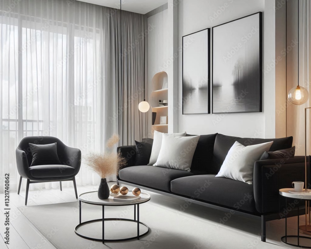 Fototapeta premium Modern style living room set in white room with natural light.