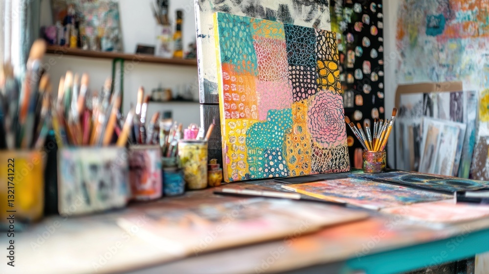 Obraz premium Colorful artwork on artist's desk with paintbrushes and supplies.