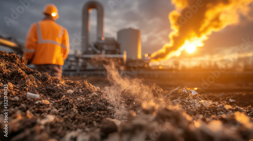 worker in safety gear observes smoke free incineration plant with advanced emission control at sunset