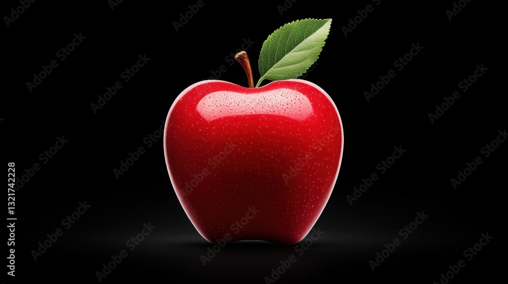 Obraz premium Shiny red apple on a black background with a green leaf.