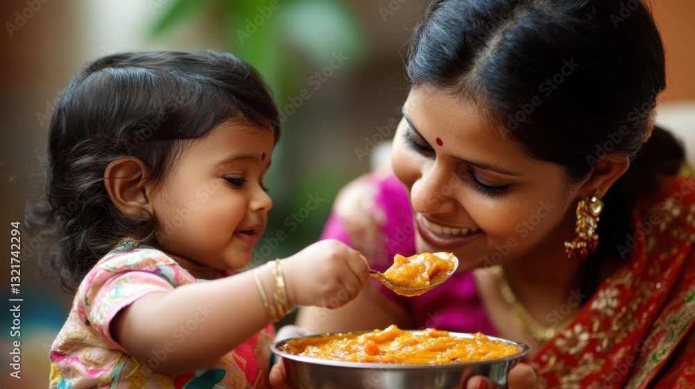 A mother feeding her child a spoonful of homemade Gajar Halwa, showcasing warmth and love in an Indian home setting