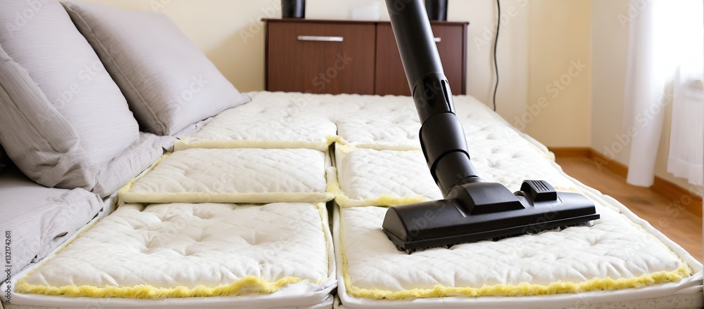 Cleaning bed with vacuum cleaner. Household, health care.