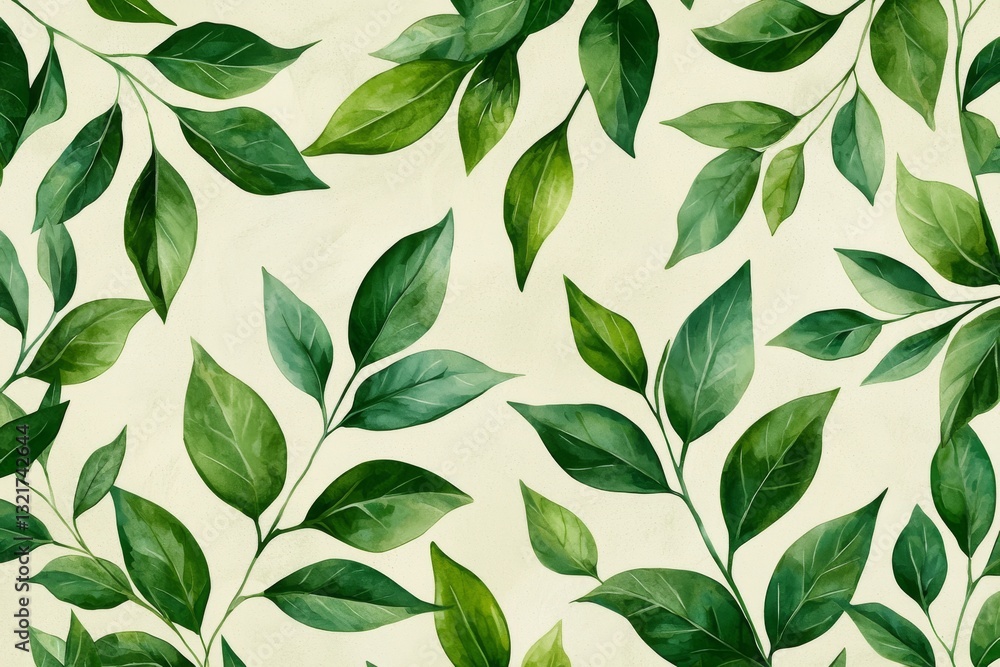 Lush botanical pattern featuring watercolor-style green leaves and branches Lush botanical pattern featuring watercolor-style green leaves and branches