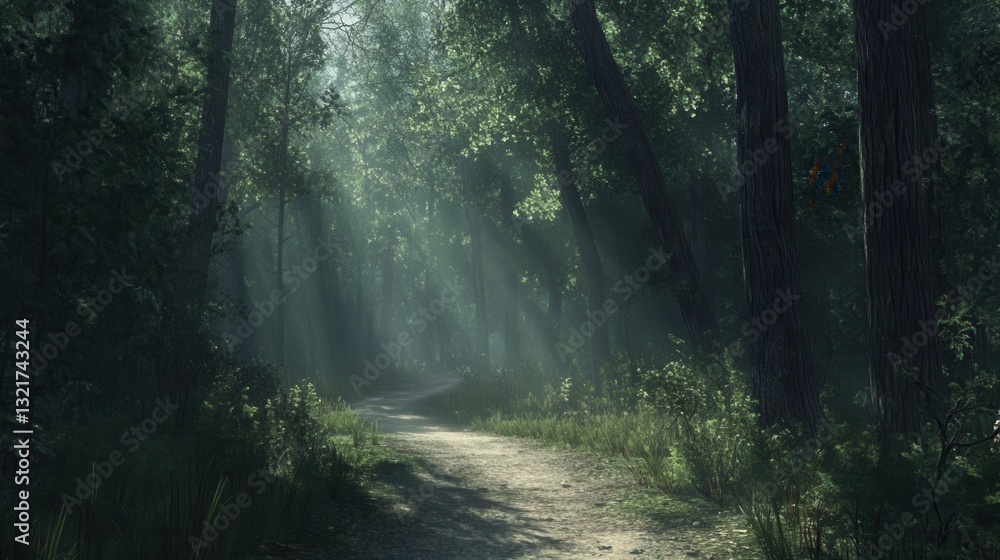 Fototapeta premium Explore a serene forest path beneath towering trees illuminated by soft sunlight filtering through lush green leaves