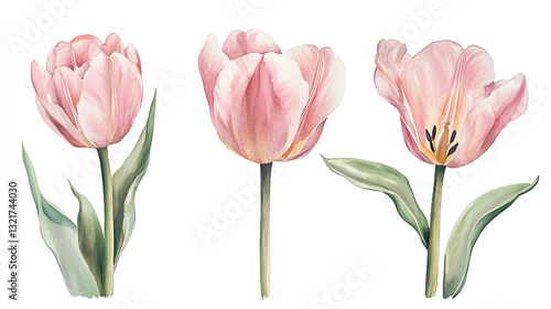 Wallpaper Mural Watercolor style hand-painted pink tulips. Tulips flowers set. Elegant floral design with pink petals and green stems Torontodigital.ca