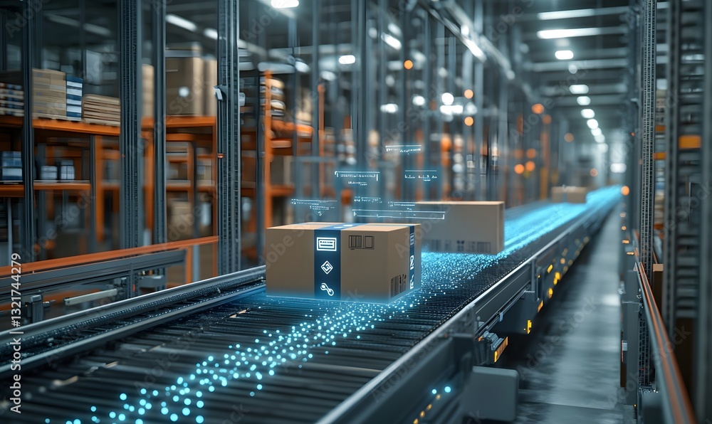 boxes on a conveyor belt in a warehouse. boxes on a conveyor belt in a warehouse.