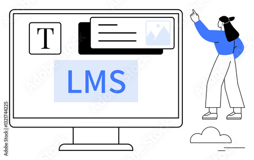 Educator presenting LMS interface with icons for text, multimedia, and documents on a desktop screen. Ideal for education, e-learning, training, technology, teaching, online courses productivity