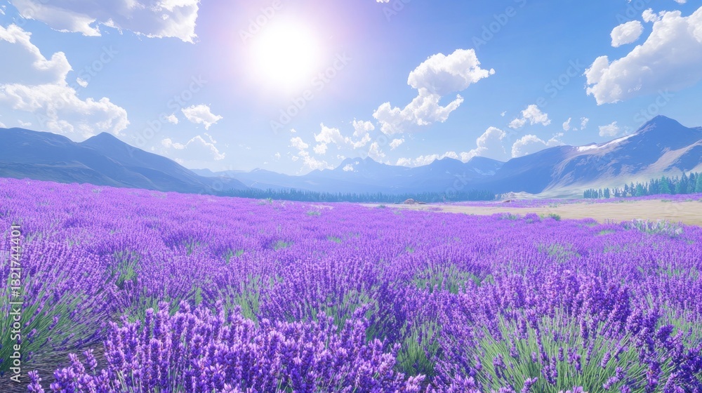 Fototapeta premium A vibrant lavender field under a bright sun with mountains in the background.