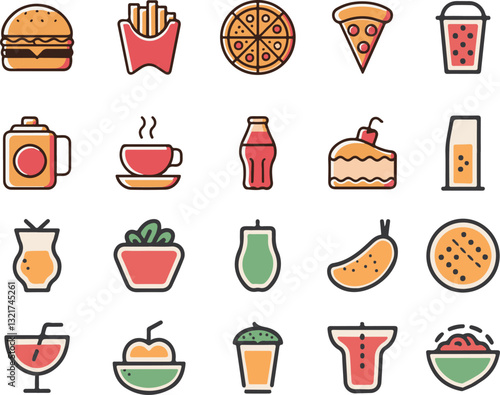 Food and Drink Icon Set - Beverage, Pizza, Chef, and Wine