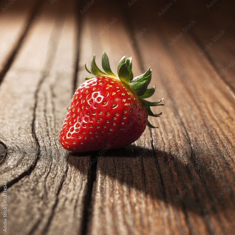 Single fresh strawberry fruit on wooden table.
