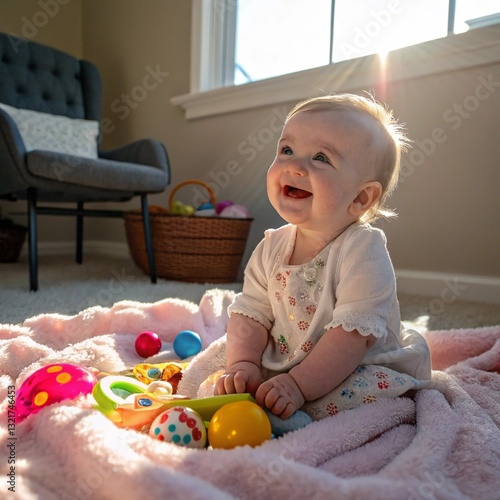 A baby with a playful expression. The lips are curled into a smile. The babyhood is mischievous and adolable and alway charming. 