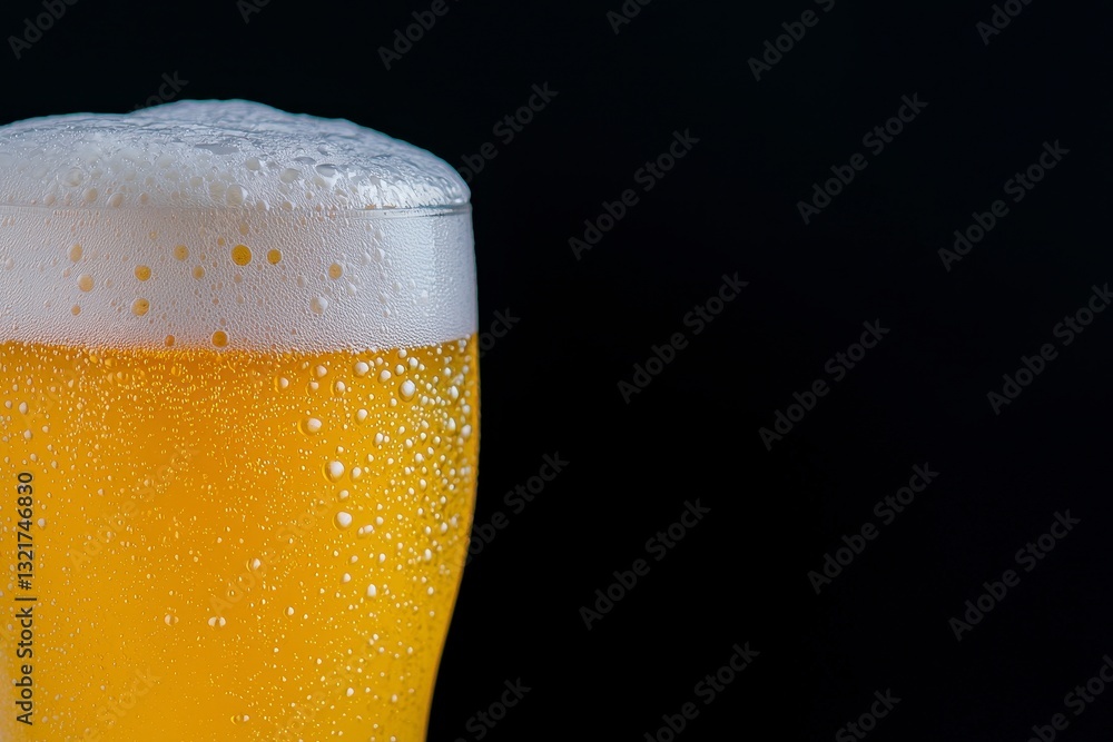 Close up of Frothy Golden Beer in Condensation Covered Glass Against Black Background Close up of Frothy Golden Beer in Condensation Covered Glass Against Black Background