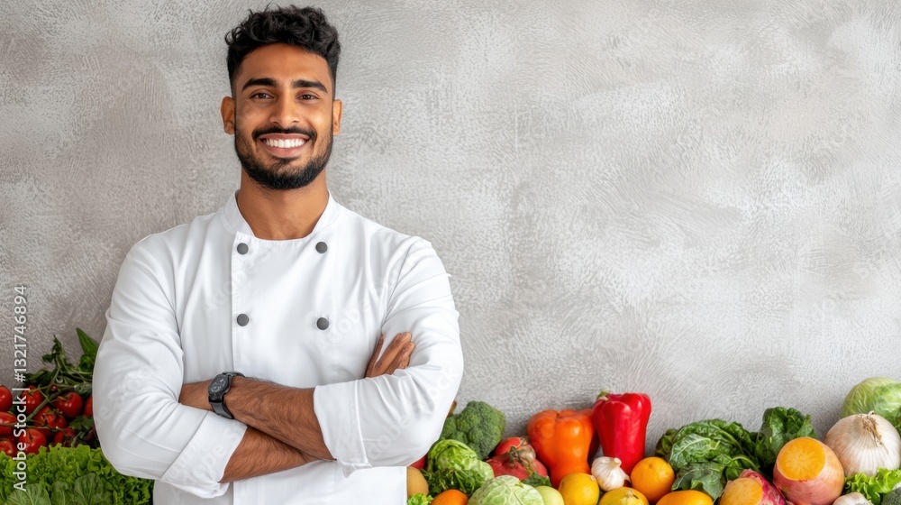 Smiling chef with fresh vegetables in a bright kitchen setting. Smiling chef with fresh vegetables in a bright kitchen setting.