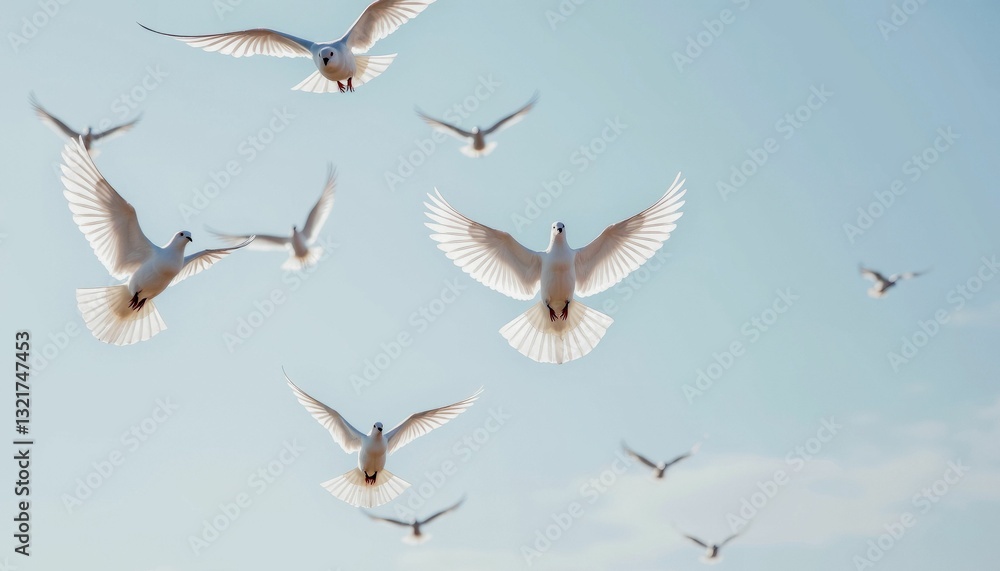 Obraz premium White Seagulls Flying in Blue Sky over Ocean in Formation