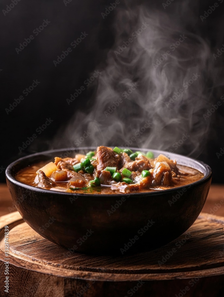 Bowl of soup on a wooden table. the soup appears to be a stew or stew with chunks of meat and vegetables mixed in. the bowl is black and has a textured surface. Bowl of soup on a wooden table. the soup appears to be a stew or stew with chunks of meat and vegetables mixed in. the bowl is black and has a textured surface.
