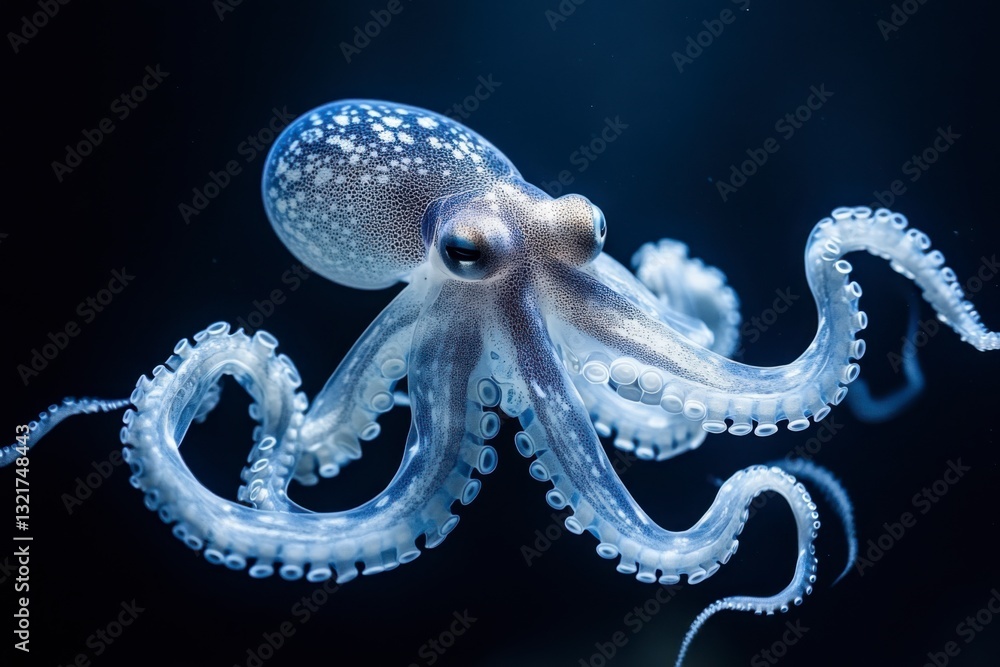 Obraz premium A translucent octopus with delicate tentacles swims gracefully in dark water