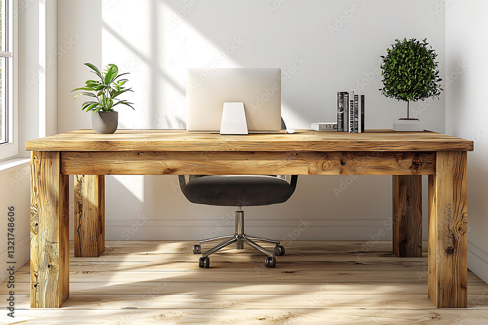 Fototapeta premium Wooden desk computer houseplants books and a rolling chair in a sunny minimalist home office.