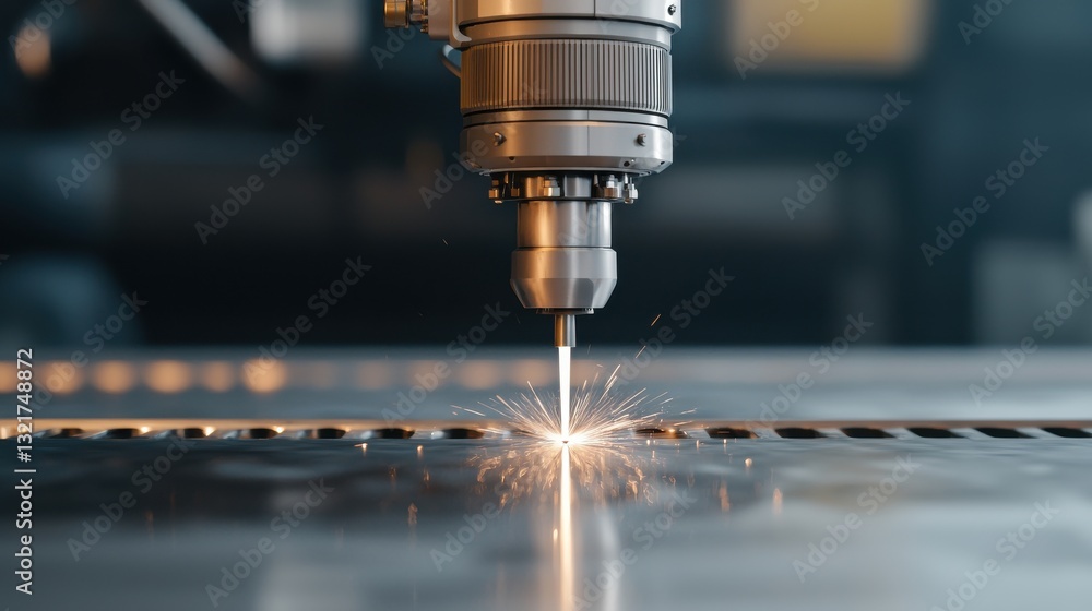 Precision Laser Cutting Machine Producing Sparks on Metal Surface Precision Laser Cutting Machine Producing Sparks on Metal Surface