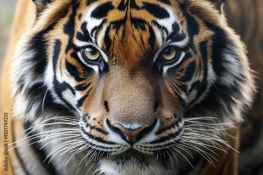 Naklejka premium Portrait of a majestic tiger gazing directly into the camera with striking detail in its fur and captivating eyes