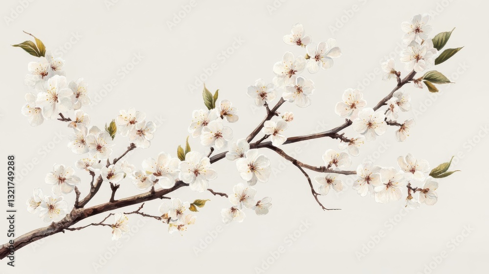 A delicate white floral branch displays blossom and green leaves A delicate white floral branch displays blossom and green leaves