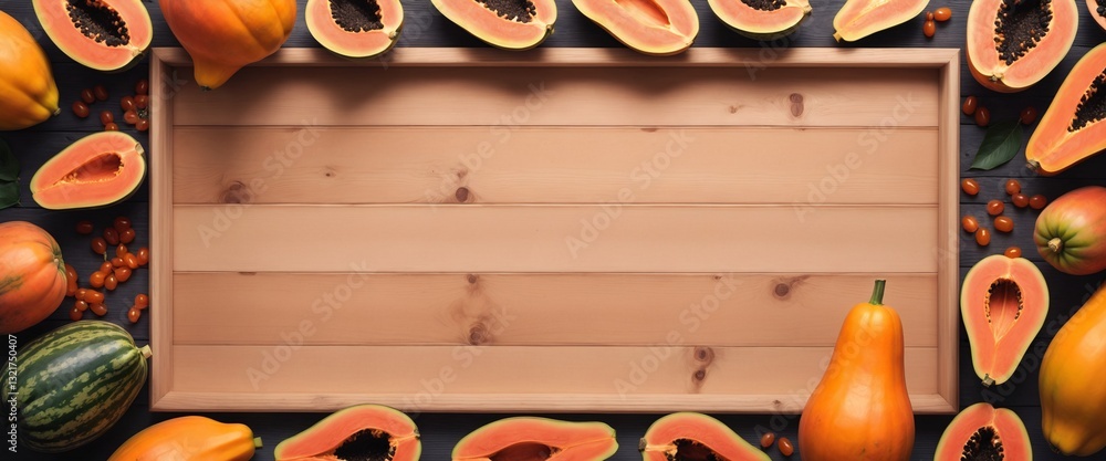 Cut papaya on wooden table. Healthy fruit. Top view copy space