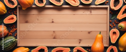Obraz na płótnie Cut papaya on wooden table. Healthy fruit. Top view copy space w salonie