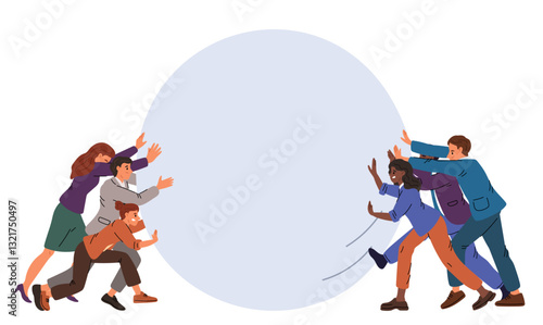Two teams push balloon against each other. Businessman pulling heavy sphere with power efforts. Business teamwork. Businessmen challenge. People perseverance. Hard work. Vector concept