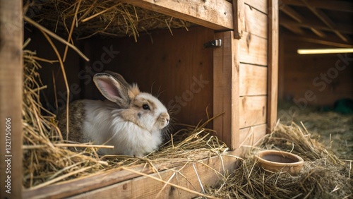 A cozy scene of a rabbit relaxing in a wooden hutch filled with straw, showcasing a safe and comfortable shelter for domestic pets