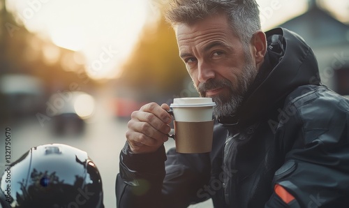Man with coffee cup near motorcycle helmet.