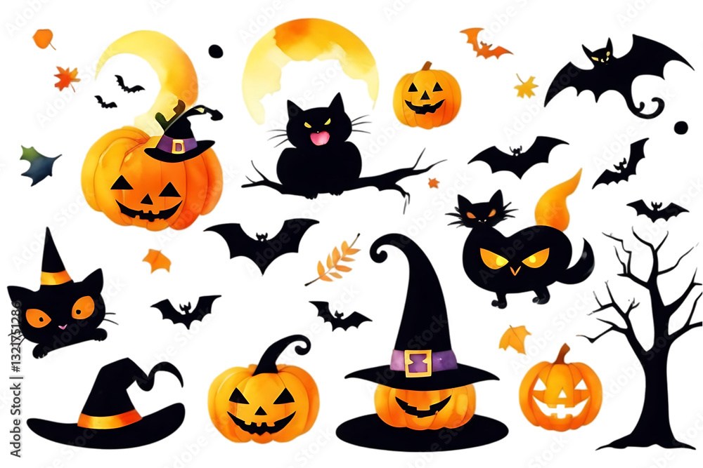Fototapeta premium Halloween Graphic Illustration Featuring Pumpkins Cats Bats and Witch Hats