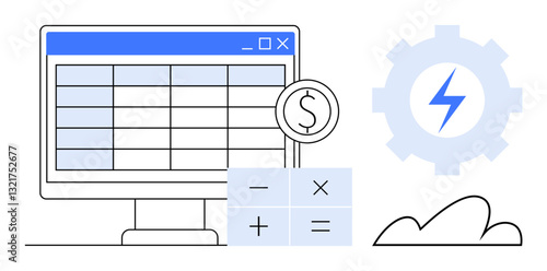 Spreadsheet on monitor with dollar symbol, calculator, gear with lightning bolt, and cloud. Ideal for finance, budgeting, accounting, automation energy saving cloud computing cost management. Flat