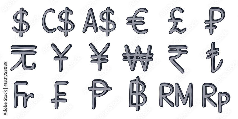 Hand drawn currency symbol set Dollar euro pound ruble yuan yen won rupee lira franc peseta baht ringgit rupiah Hand drawn currency symbol set Dollar euro pound ruble yuan yen won rupee lira franc peseta baht ringgit rupiah