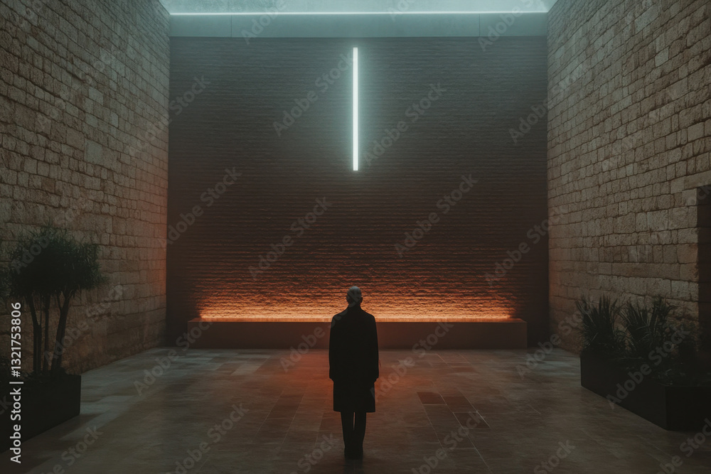 Obraz premium A man stands in a dark room with a brick wall and a lit up line