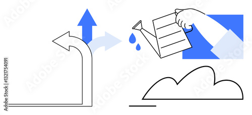 Upward arrow symbolizing success, hand watering sapling for growth. Ideal for goals, leadership, decision-making, development, nurturing, innovation strategy. Flat simple metaphor