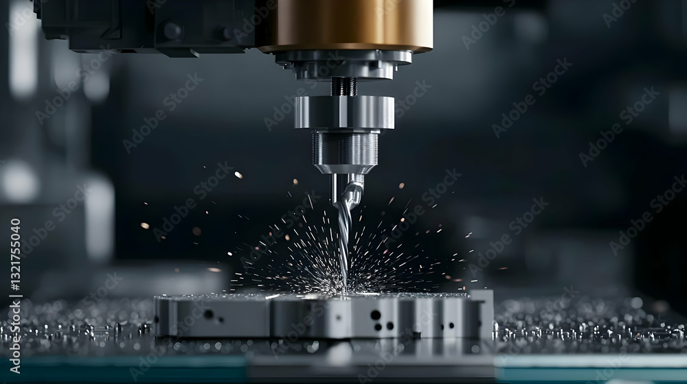 Close Up of a CNC Machine Drilling Into Metal Part With Sparks and Coolant Spray in a Dark Industrial Setting Close Up of a CNC Machine Drilling Into Metal Part With Sparks and Coolant Spray in a Dark Industrial Setting