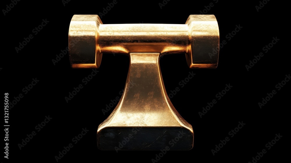 A golden dumbbell resting on a stylized pedestal against black A golden dumbbell resting on a stylized pedestal against black