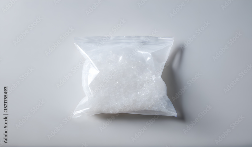 Salt in transparent plastic pouch bag on grey background