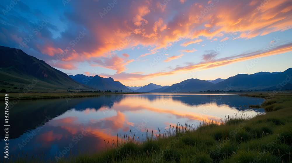 Serene landscape with vibrant clouds reflecting on a tranquil lake surrounded by lush green grass and distant mountains under a blue sky Serene landscape with vibrant clouds reflecting on a tranquil lake surrounded by lush green grass and distant mountains under a blue sky