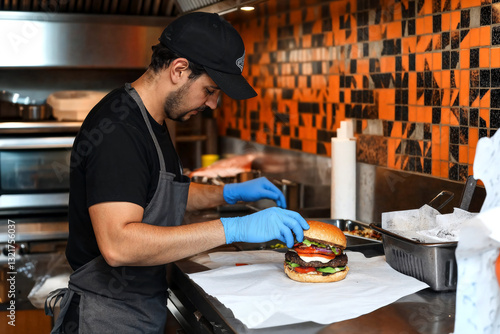 Chef assembling a gourmet burger in a professional kitchen.