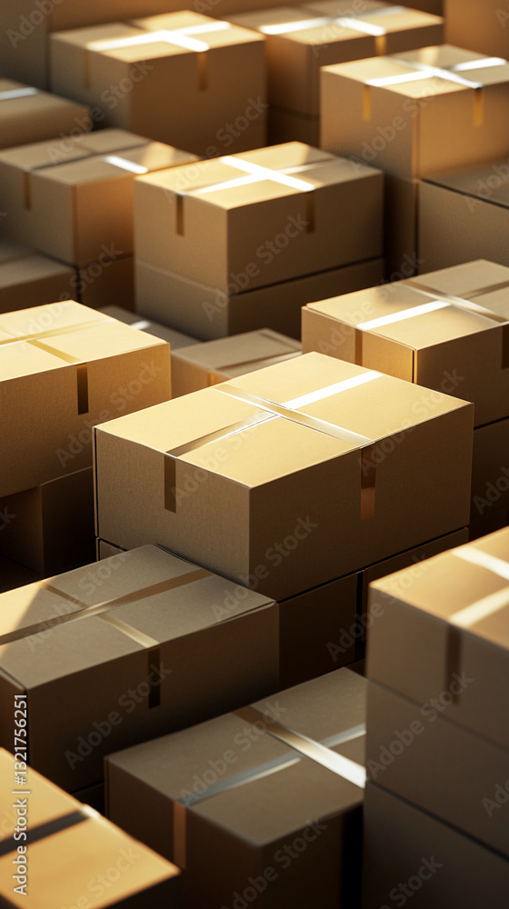 Many brown cardboard boxes stacked, sealed with tape, illuminated by warm light, suggesting concepts of delivery, shipping, storage, or logistics Many brown cardboard boxes stacked, sealed with tape, illuminated by warm light, suggesting concepts of delivery, shipping, storage, or logistics