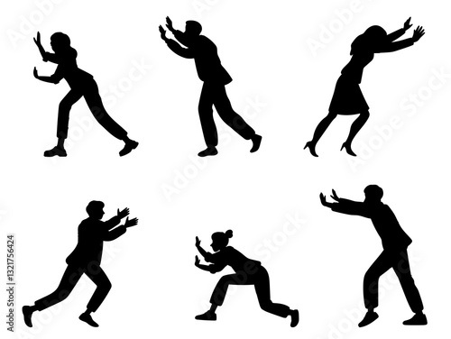 Silhouettes pushing men and women. People press with efforts. Strength action. Persons pulling blocks. Businessman challenge. Uphill struggle. Power and persistence. Vector move poses set