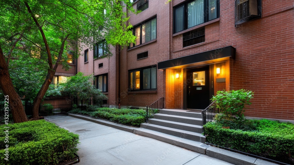 Brick Apartment Building Entrance - Evening view of a brick apartment building entrance with lush greenery. Steps lead to a dark door Brick Apartment Building Entrance - Evening view of a brick apartment building entrance with lush greenery. Steps lead to a dark door