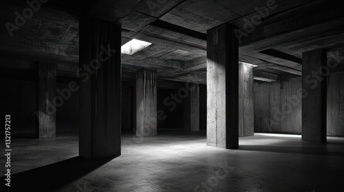 Dark, minimalist concrete basement interior with pillars and light shafts.