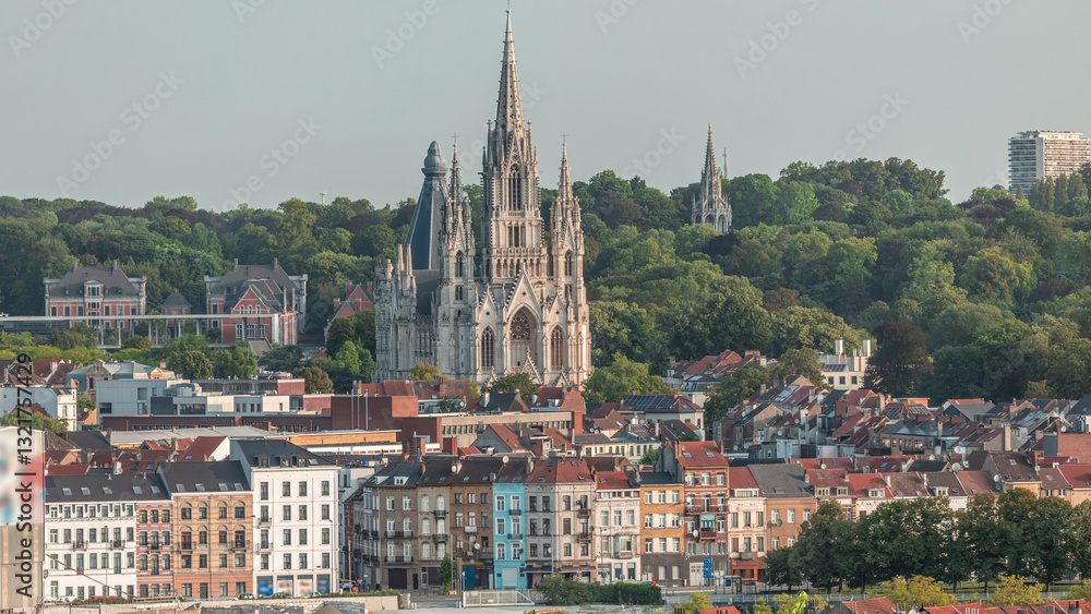 Naklejka premium Aerial view of Notre Dame de Laeken church spires timelapse in Brussels, Belgium.