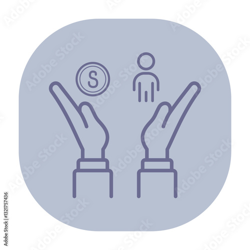 Two hands raised, one presenting coin symbol and other holding simplified figure of person. Finance and personal value concept