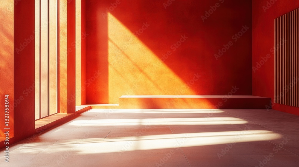 Sunlit minimalist space with red walls and modern design elements Sunlit minimalist space with red walls and modern design elements