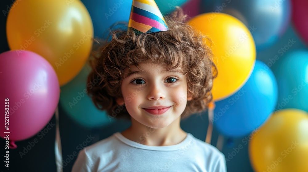 Portrait of a Happy Child with Curly Hair Wearing a Party Hat Surrounded by Colorful Balloons Portrait of a Happy Child with Curly Hair Wearing a Party Hat Surrounded by Colorful Balloons