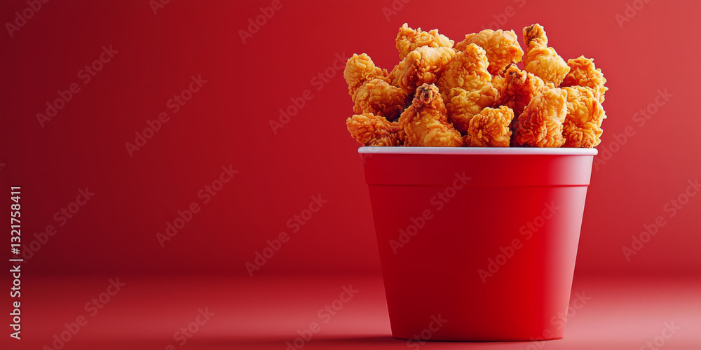 Delicious golden crispy fried chicken nuggets and wings in buckets