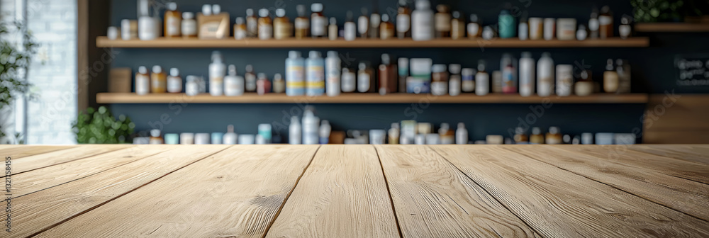 Clean, light wooden surface, blurred pharmacy workspace