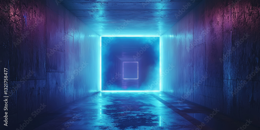 glowing blue rectangular portal hovering in a foggy subway tunnel with puddles reflecting the light